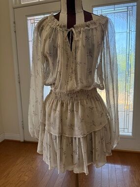 LoveShackFancy Cream Floral 100% Silk Popover Mini Dress Medium Cottagecore Boho